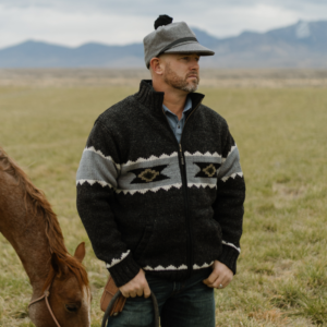Man wearing Capriola Navajo Sweater Black Natural front view diamond pattern