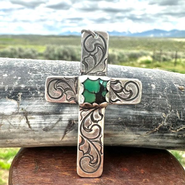 Sterling Silver Hand Engraved Cross with Nevada Turquoise - Image 2