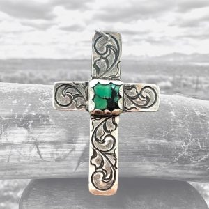 Sterling Silver Hand Engraved Cross with Nevada Turquoise