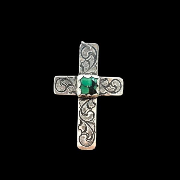 Sterling Silver Hand Engraved Cross with Nevada Turquoise - Image 3