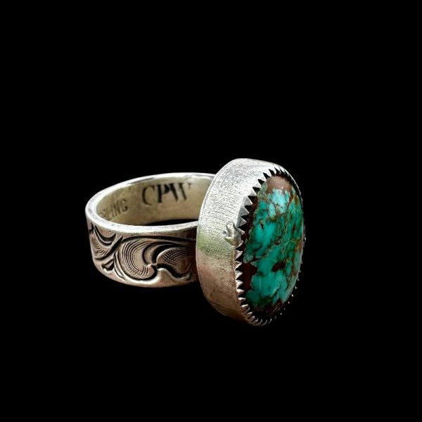 Engraved Sterling Silver Ring with Nevada Turquoise - Image 3