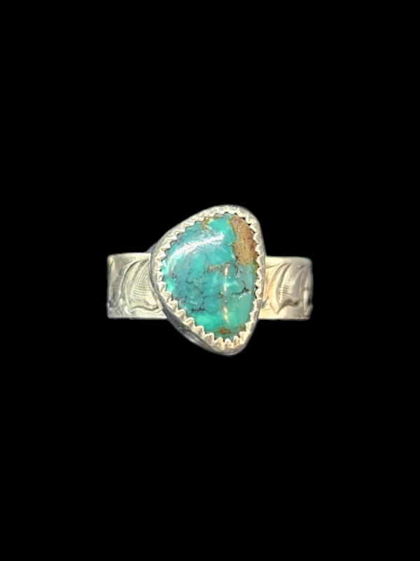 Engraved Sterling Silver Ring with Turquoise Stone