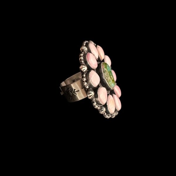 "Sunrise Blossom" Sonoran Gold Turquoise & Conch Shell Adjustable Ring - Image 2