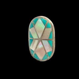 Signed Zuni Romancito Turquoise & Mother of Pearl Inlay Ring