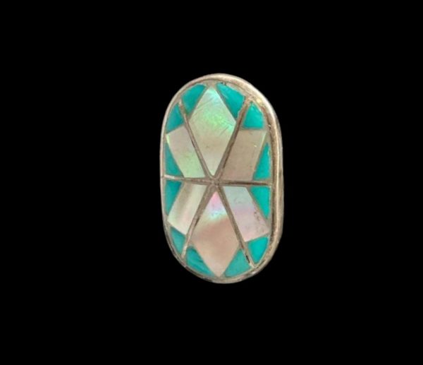 Signed Zuni Romancito Turquoise & Mother of Pearl Inlay Ring