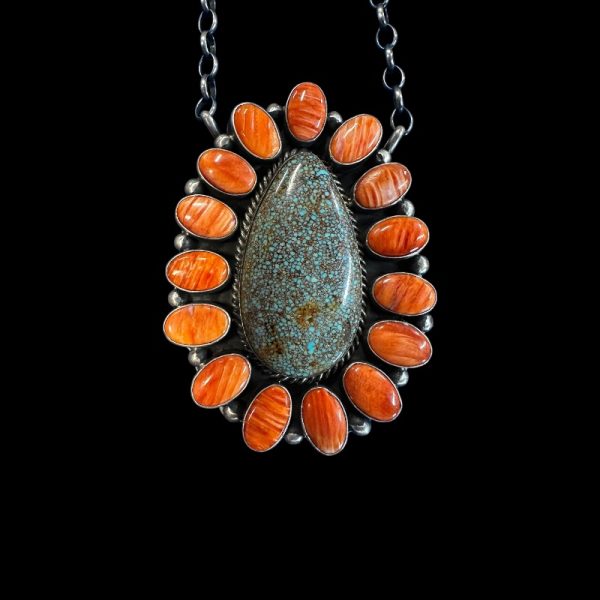 Sterling Silver Link Chain with Spiny Oyster and Turquoise Teardrop Pendant - Image 4