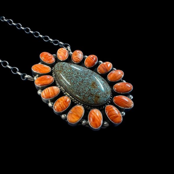 Sterling Silver Link Chain with Spiny Oyster and Turquoise Teardrop Pendant - Image 3