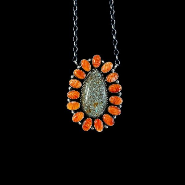 Sterling Silver Link Chain with Spiny Oyster and Turquoise Teardrop Pendant