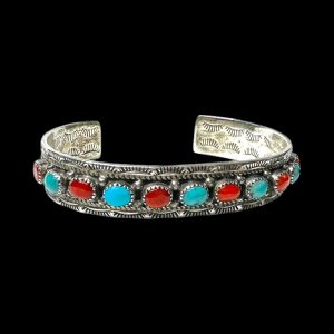 Vintage Sterling Silver Turquoise & Coral Cuff Bracelet