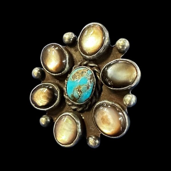 Vintage Sterling Silver Turquoise & Cat’s Eye Cluster Ring - Image 3
