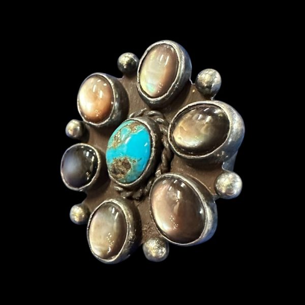 Vintage Sterling Silver Turquoise & Cat’s Eye Cluster Ring - Image 2
