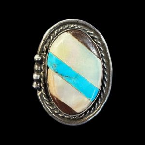 Vintage Inlay Ring – Mother of Pearl, Turquoise & Wood