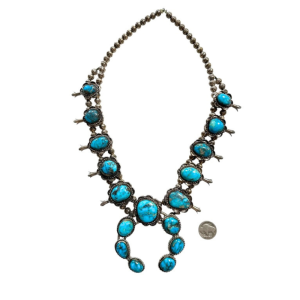 Vintage Southwest Squash Blossom Necklace with 17 Turquoise Stones