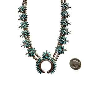 Vintage Zuni Petit Point Turquoise Squash Blossom Necklace
