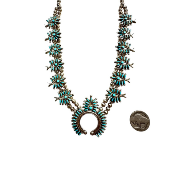 Vintage Zuni Petit Point Turquoise Squash Blossom Necklace - Image 7