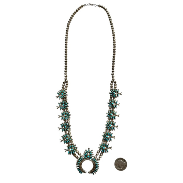 Vintage Zuni Petit Point Turquoise Squash Blossom Necklace - Image 2