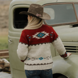 Ladies Navajo Sweater in ruby back view with ruby red yoke and turquoise pattern