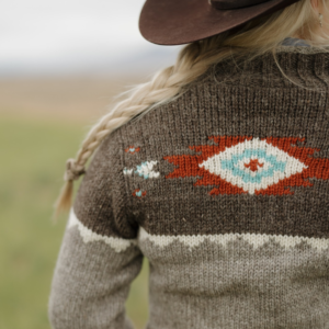 Close up of the rust, turquoise, and cream diamond pattern on the back yoke of the Ladies Navajo Sweater