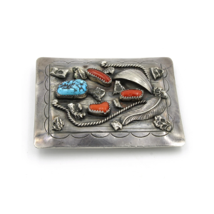 Sterling Silver Coral and Turquoise Belt Buckle by Steven B. (Navajo)