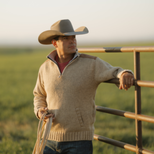 Man wearing Capriola Deadwood Sweater Sand front view with lasso