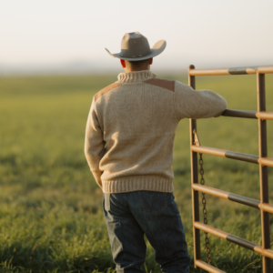 Man wearing Capriola Deadwood Sweater Sand back view with suede shoulder patches