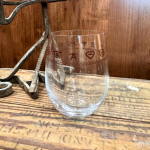 Capriola stemless wine glass with cattle brand design