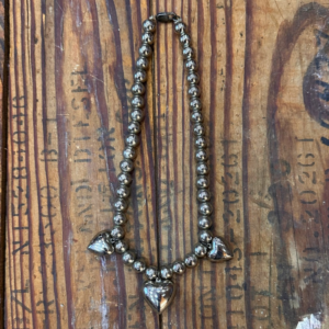 16 inch sterling silver bead necklace with puffy heart charms full view
