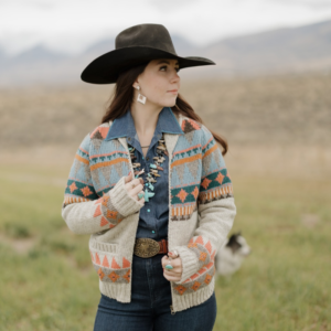 Woman wearing Ladies Mesa full zip wool sweater natural front view