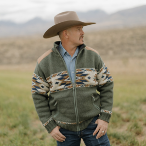 Man wearing Charleston sweater jacket sage front view in field