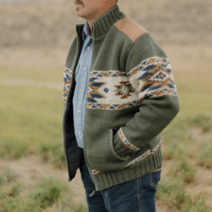 Man wearing Charleston sweater jacket sage side profile