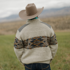 Charleston wool sweater jacket stone back view with gray suede shoulder patches